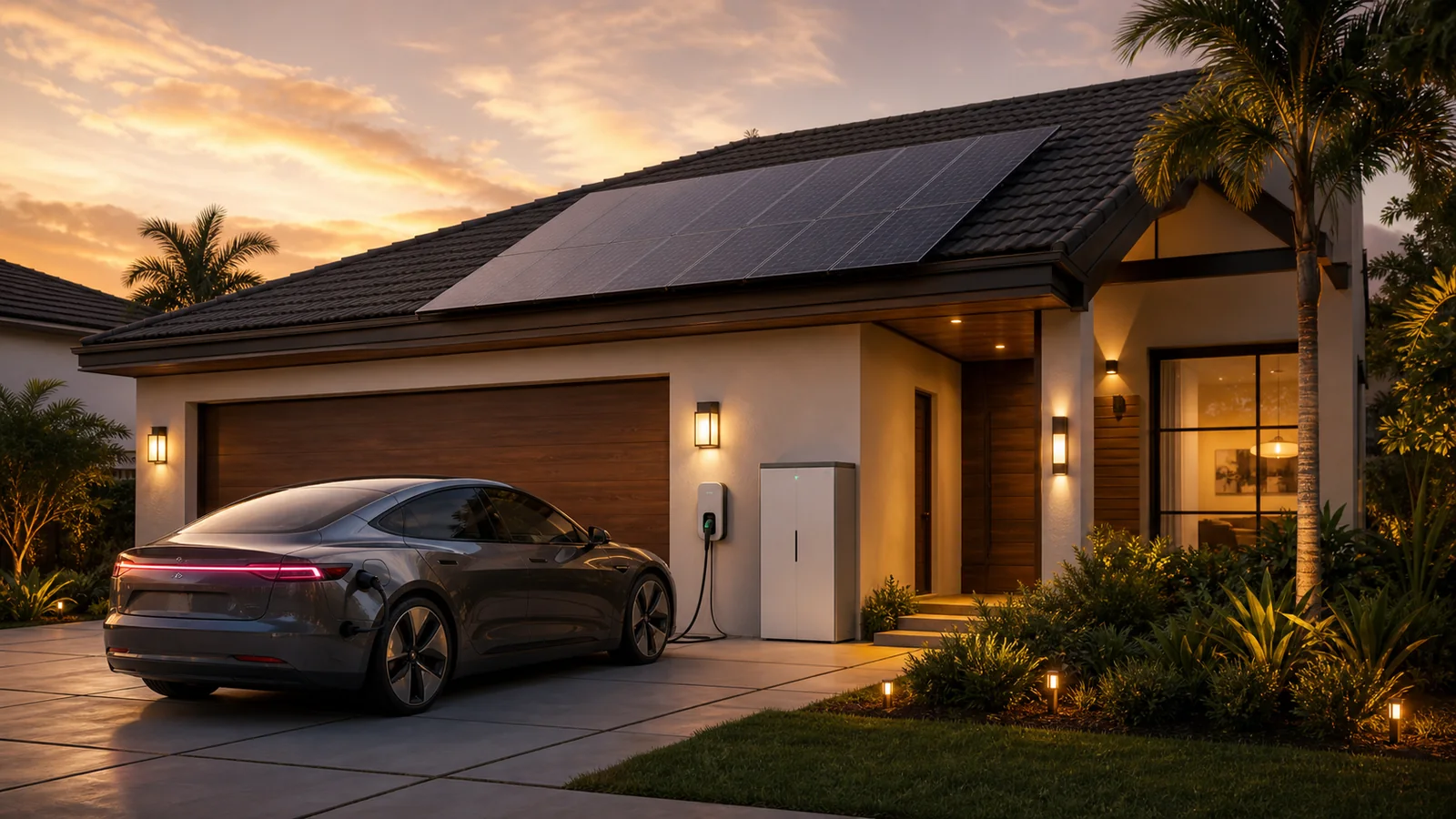 Florida home with rooftop solar, battery storage, and an electric car